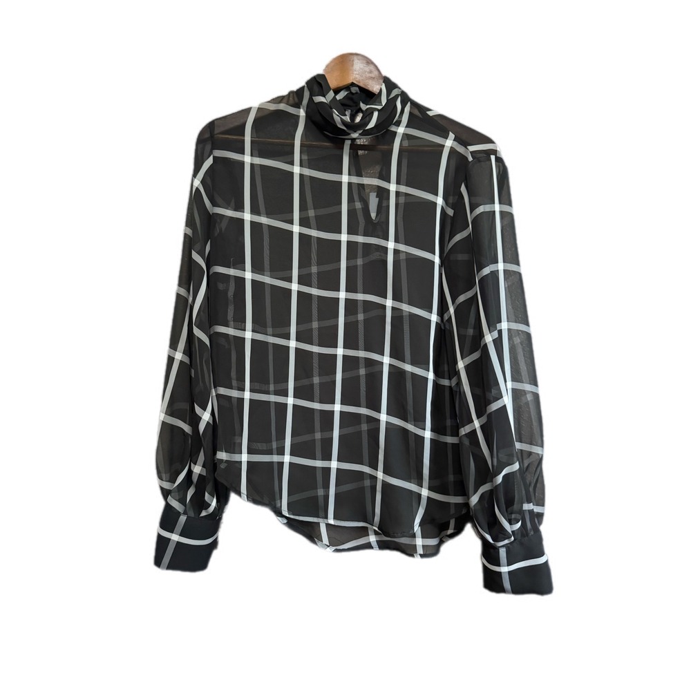 Prologue Mock Neck Blouse Women M Black New Plaid Sheer Bishop Sleeve Top
